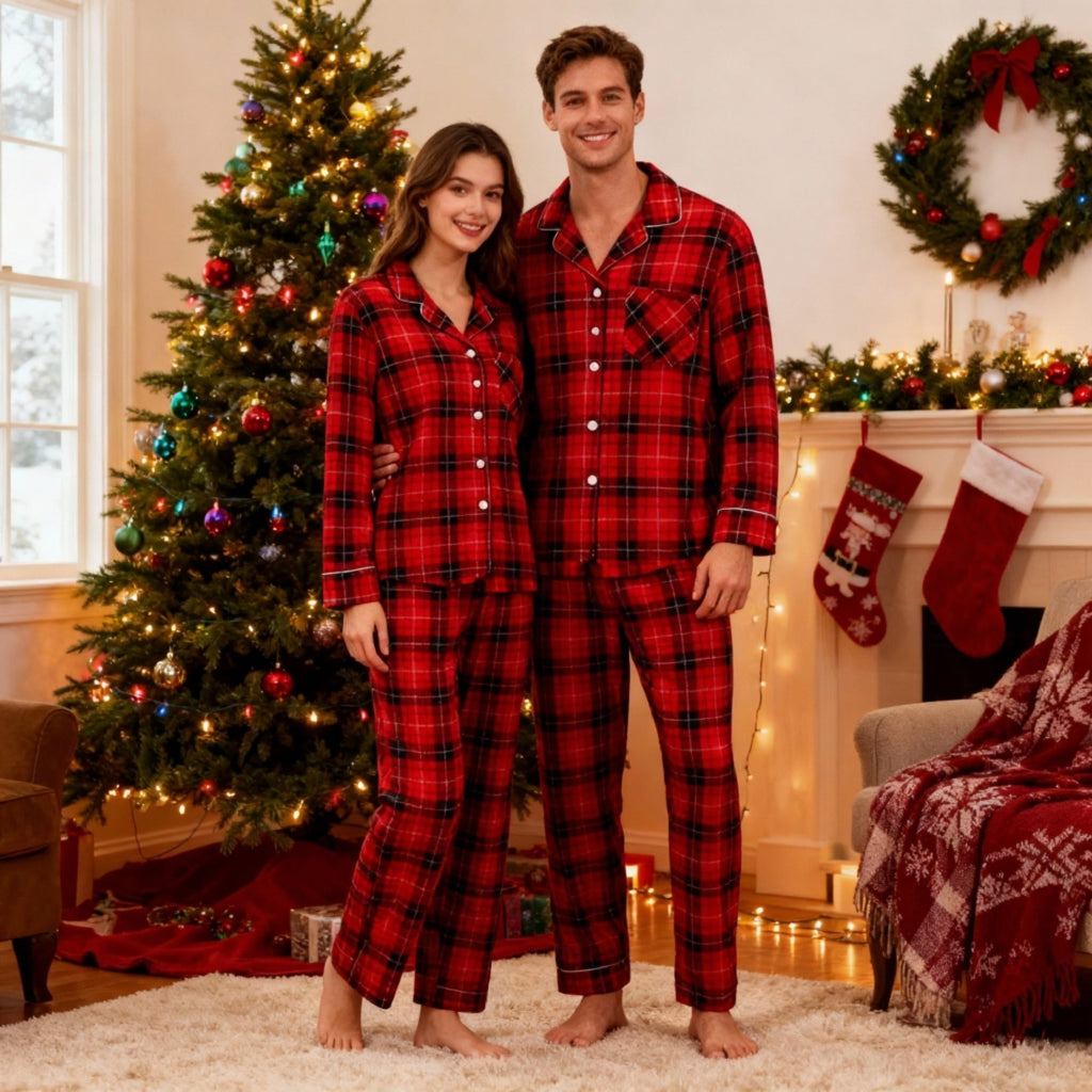 Christmas Couple Matching Red Plaid Button Up Long-sleeve Pajamas Sets With Dog