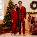 Christmas Couple Matching Red Plaid Button Up Long-sleeve Pajamas Sets With Dog