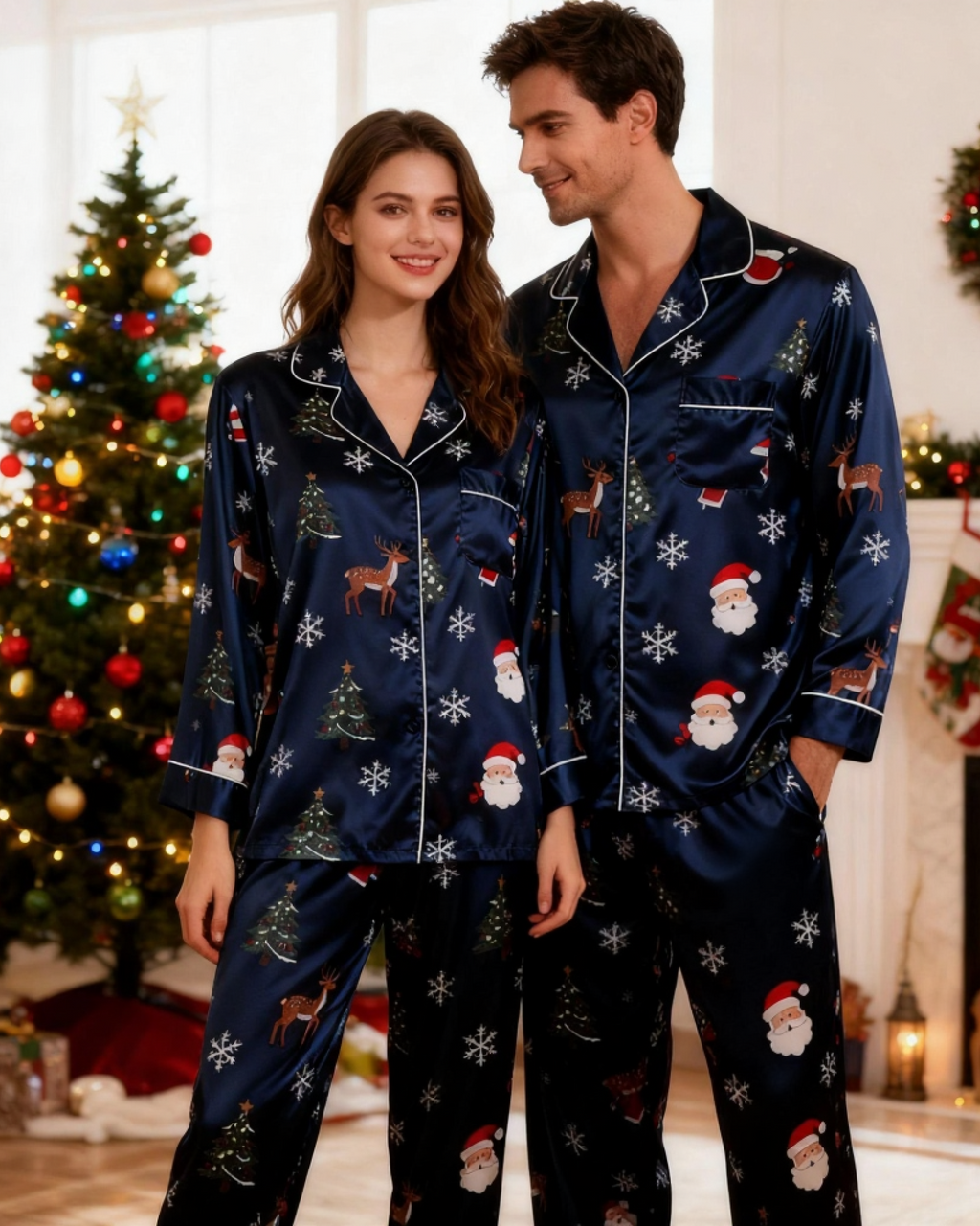 Holiday Couple Button-Up Navy Blue Satin Christmas Pajamas Set