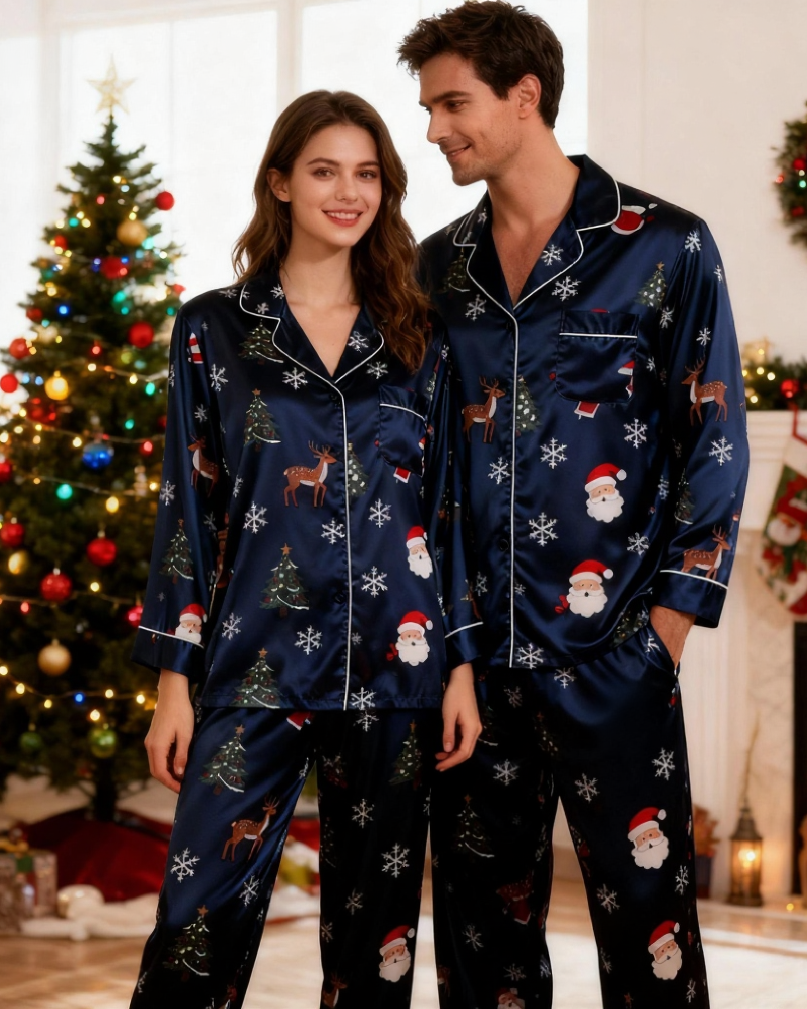 Holiday Couple Button-Up Navy Blue Satin Christmas Pajamas Set