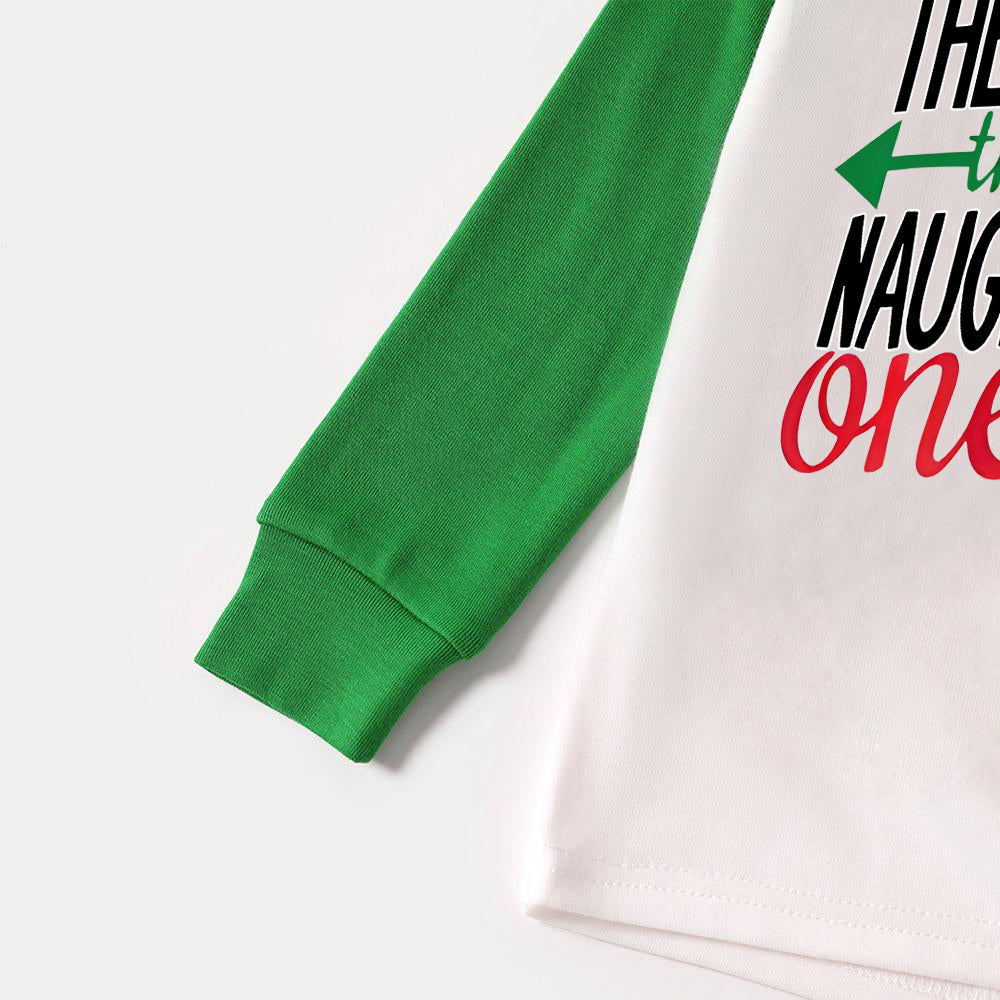 'Dear Santa They Are The Naughty One' Letter Print Casual Long Sleeve Sweatshirts Green Contrast Tops and Black and Green Plaid Pants  Family Matching Raglan Long-sleeve Pajamas Sets With Dog Bandana