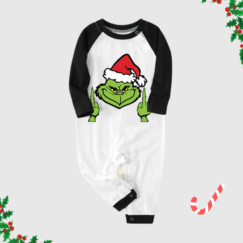 Christmas Hat Cartoon Print Splice Contrast Top and Black and Green Plaid Pants Family Matching Pajamas Sets