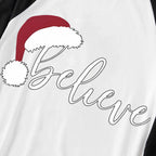 Christmas Hat and 'Believe“ Letter Print Patterned Black Sleeve Contrast Tops and and Black and Green Plaid Pants Family Matching Pajamas Sets With Dog Bandana