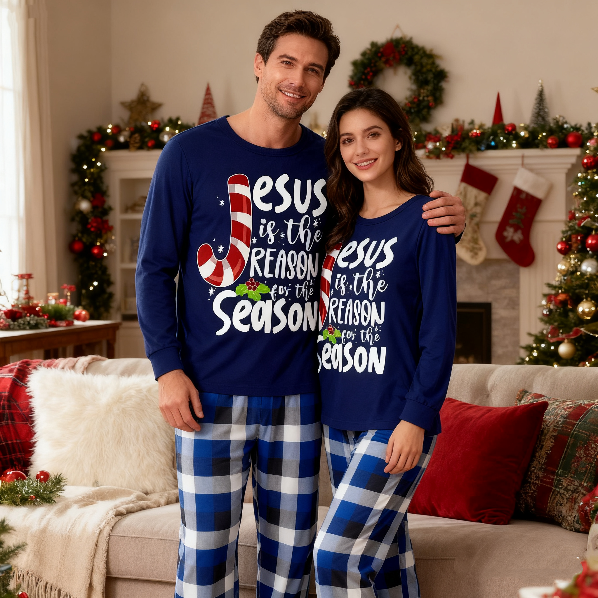 Couple Christmas  Matching Pajamas With Jesus Text Print