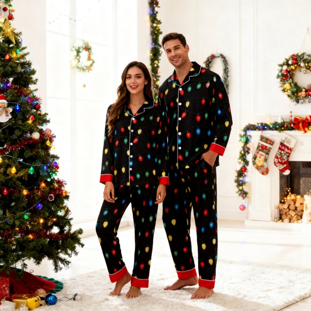 Holiday Couple Button-down Satin Christmas Pajamas Set