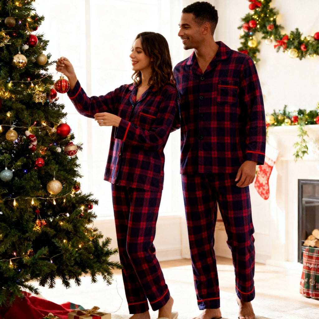 Holiday Couple Button-down Christmas Blue and Red Plaid Pajamas Set