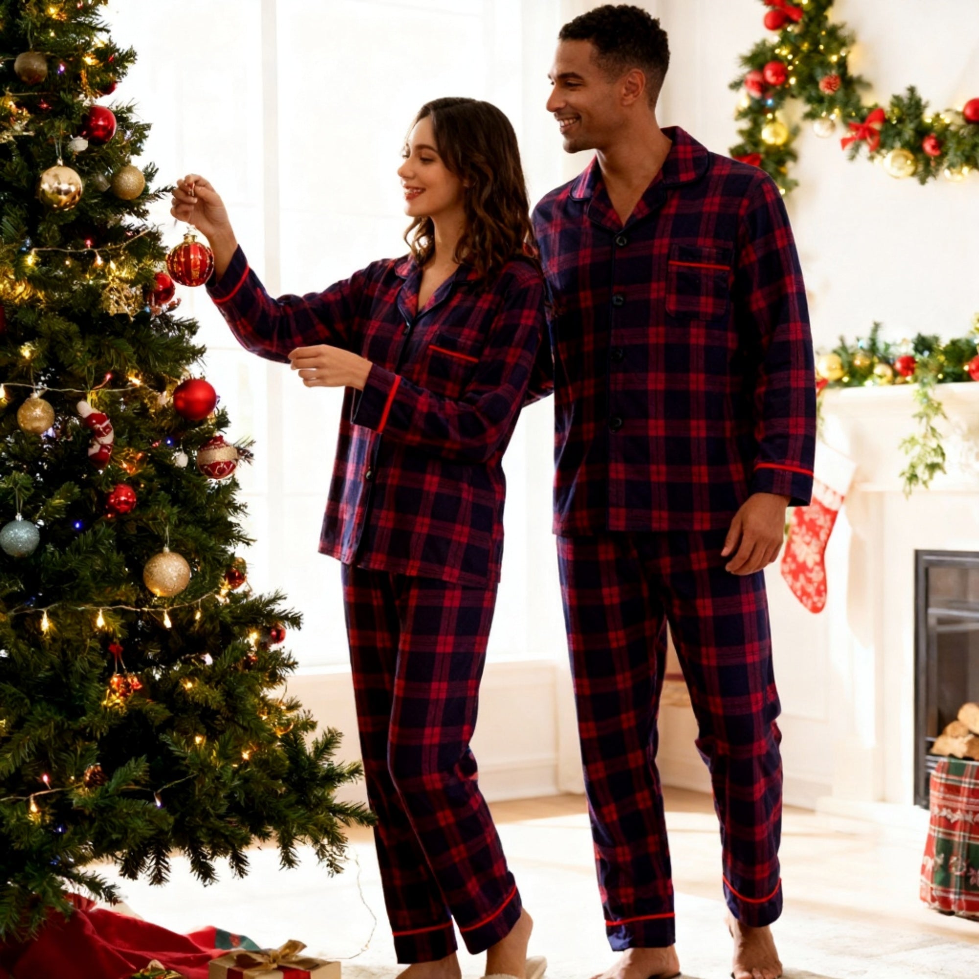 Holiday Couple Button-down Christmas Blue and Red Plaid Pajamas Set