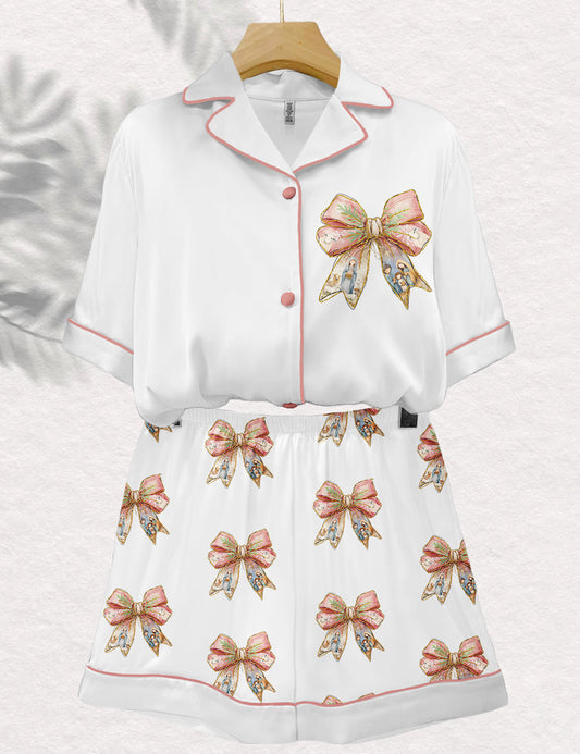Women's Jesus Christ Bow Tie Christmas Art Print Pajama Set