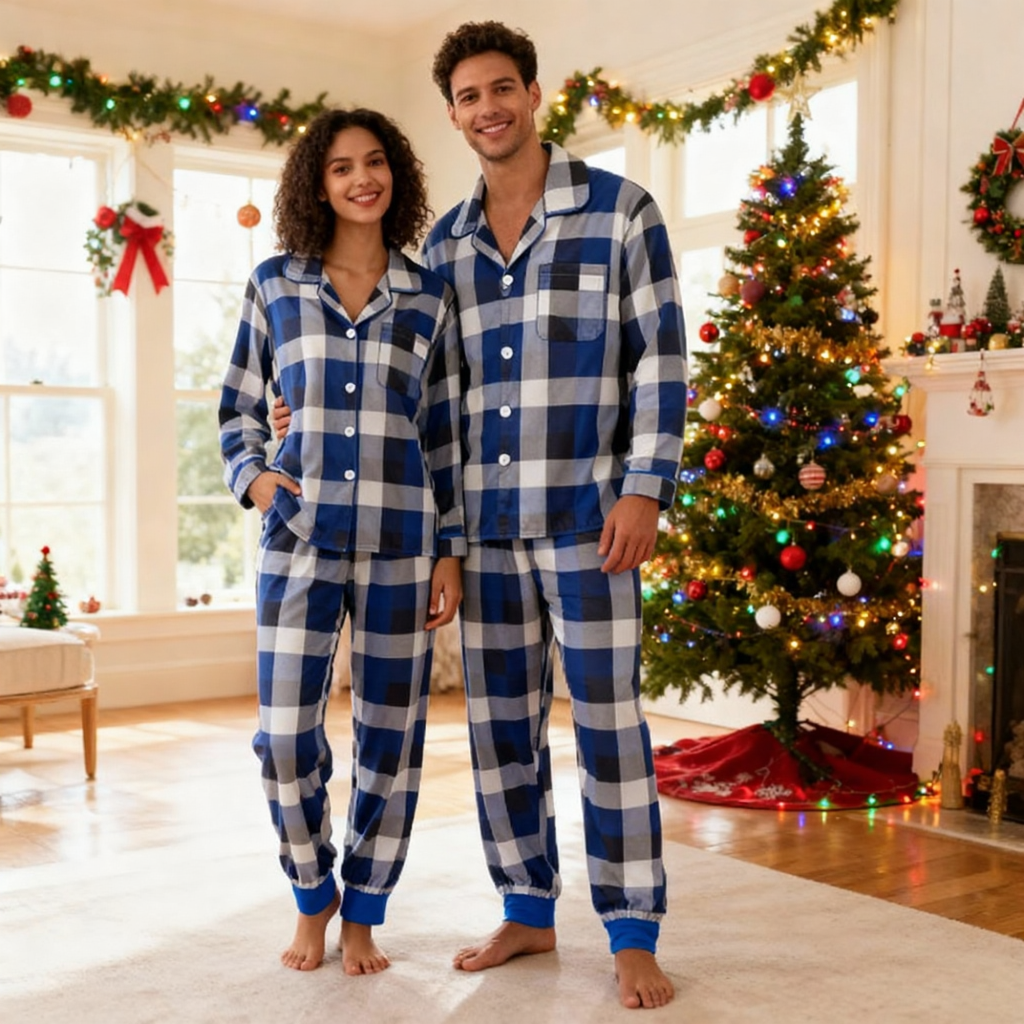 Couple Christmas Blue and White Plaid Button-Front Pajamas Sets