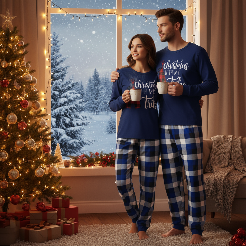 "Christmas With My Tribe"  Pattern Blue Long Sleeves with Blue&White&Black Plaid Pants Couple Matching Pajamas
