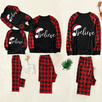 Christmas Hat and 'Believe“ Letter Print Patterned Contrast Black top and Black & Red Plaid Pants Family Matching Pajamas Set