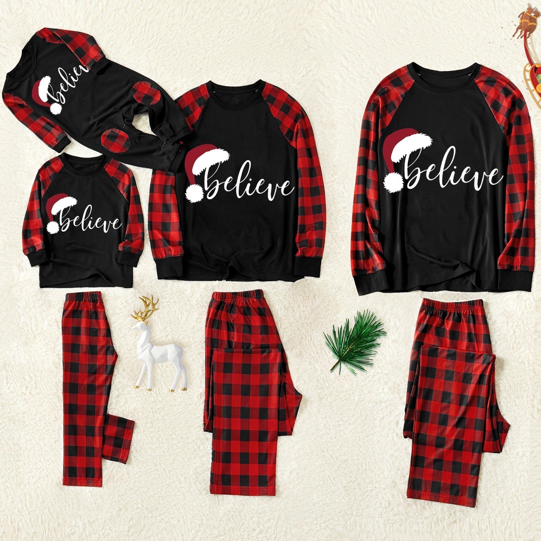 Christmas Hat and 'Believe“ Letter Print Patterned Contrast Black top and Black & Red Plaid Pants Family Matching Pajamas Set
