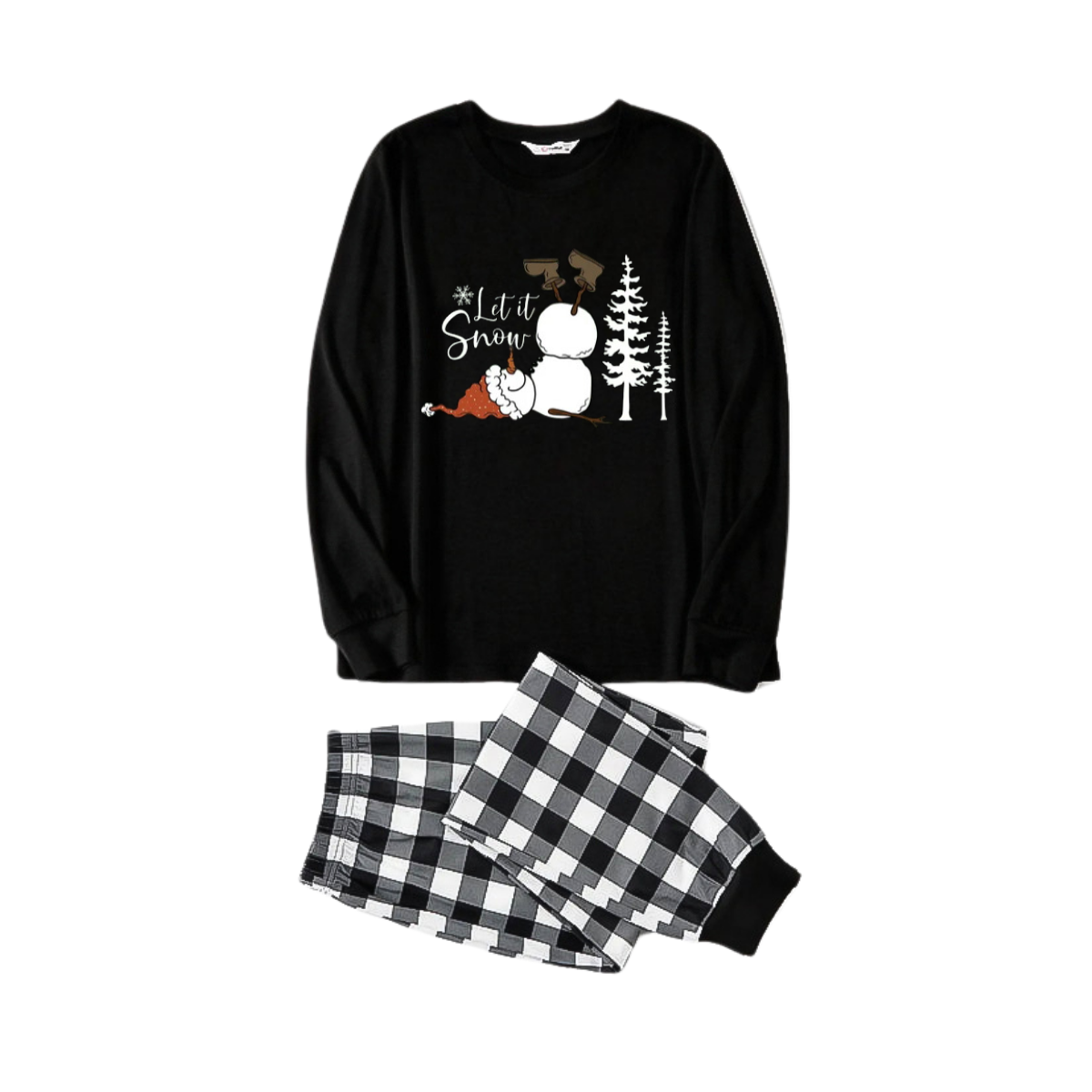 Couple Black and White Plaid Matching Pajamas "Let it Snow" Text and Snowman Prints
