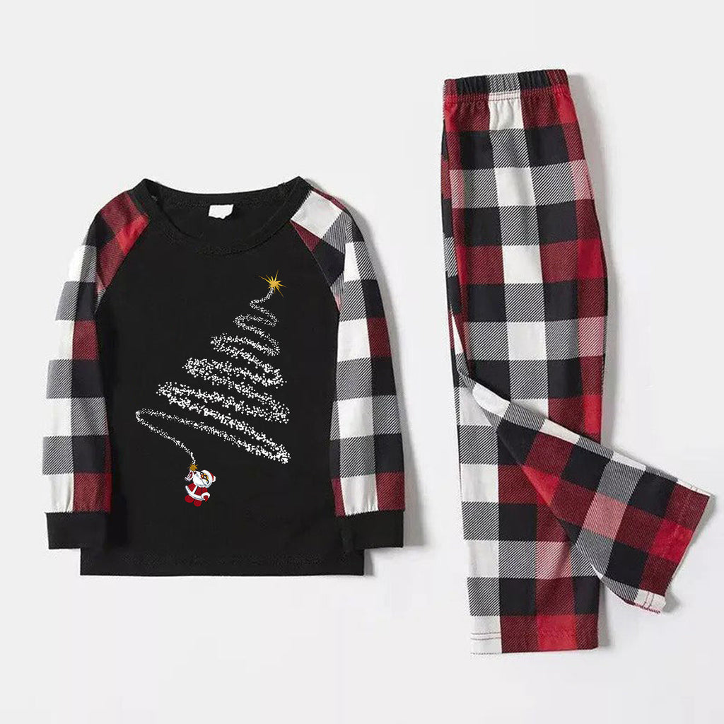 Couple Red & Black & White Plaid Pajamas Set With Pet Bandana Christmas Santa Claus Print Patterned