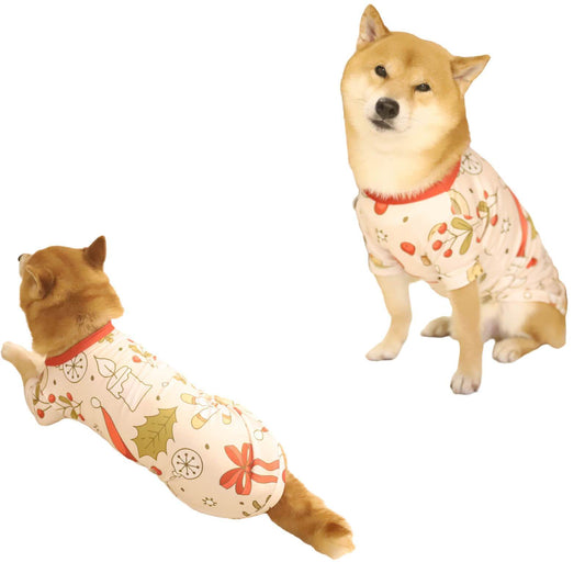 Merry Christmas Candle Leaf Plant Bow Print Cute Dog Clothes Pet Christmas Outfits
