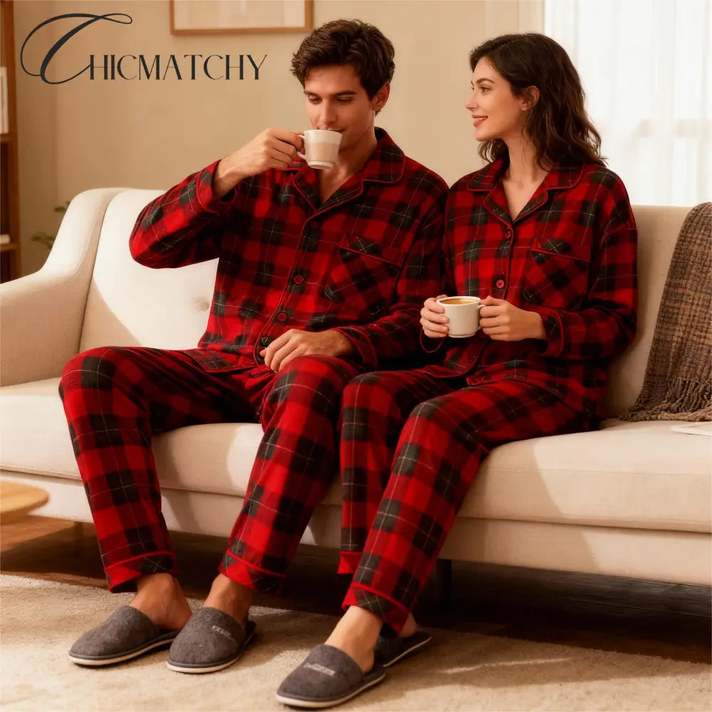 Christmas Family Matching Red and Green Plaid Button Up Long-sleeve Pajamas Sets