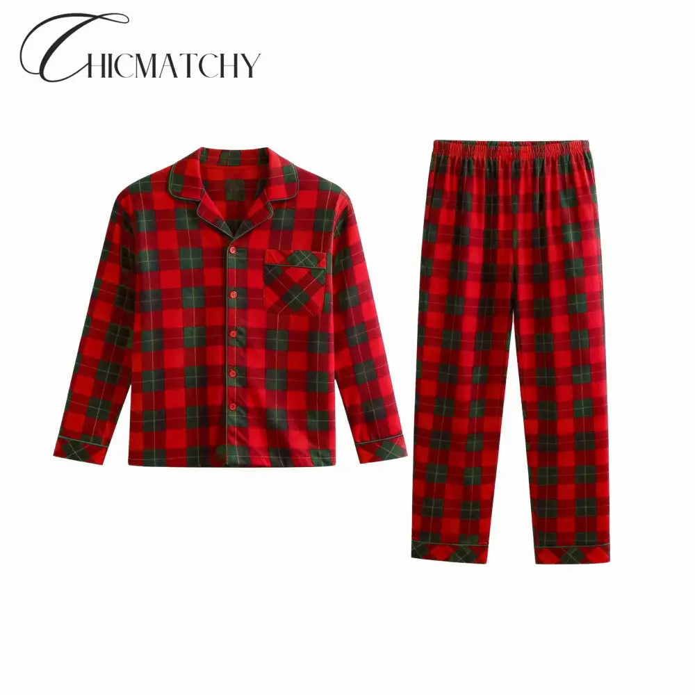 Christmas Family Matching Red and Green Plaid Button Up Long-sleeve Pajamas Sets