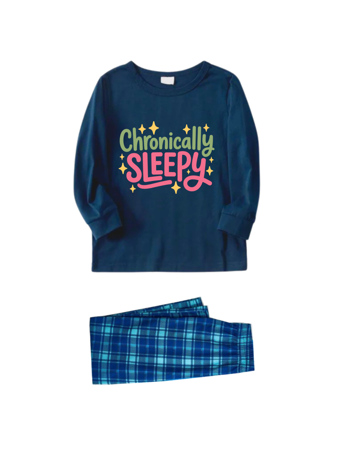 Chronically SLEEPY Letter Printed Blue Plaid Matching Pajamas