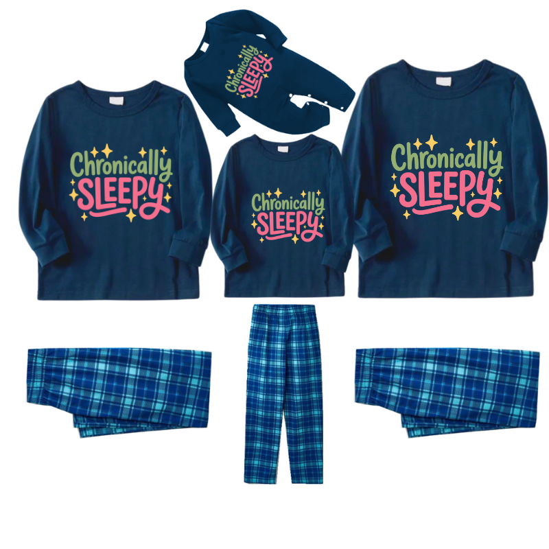 Chronically SLEEPY Letter Printed Blue Plaid Matching Pajamas