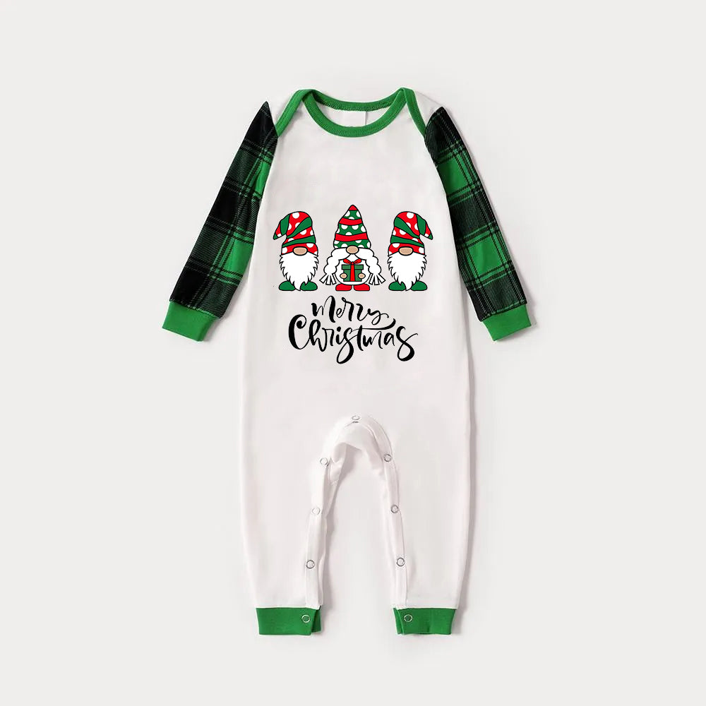 Merry Christmas Cute Gnome Print Casual Long Sleeve Sweatshirts Green Contrast Tops and Black and Green Plaid Pants  Family Matching Raglan Long-sleeve Pajamas Sets With Dog Bandana