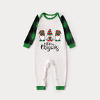 Merry Christmas Cute Gnome Print Casual Long Sleeve Sweatshirts Green Contrast Tops and Black and Green Plaid Pants  Family Matching Raglan Long-sleeve Pajamas Sets With Dog Bandana