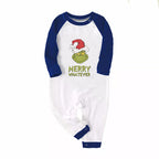 'Dear Santa They Are The Naughty One' Letter Print Casual Long Sleeve Sweatshirts Blue Sleeve Contrast Tops and Blue Plaid Pants Family Matching Pajamas Sets With Dog Bandan