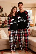 Couple Red & Black & White Plaid Pajamas Set With Christmas Hat and 'Believe“ Letter Print