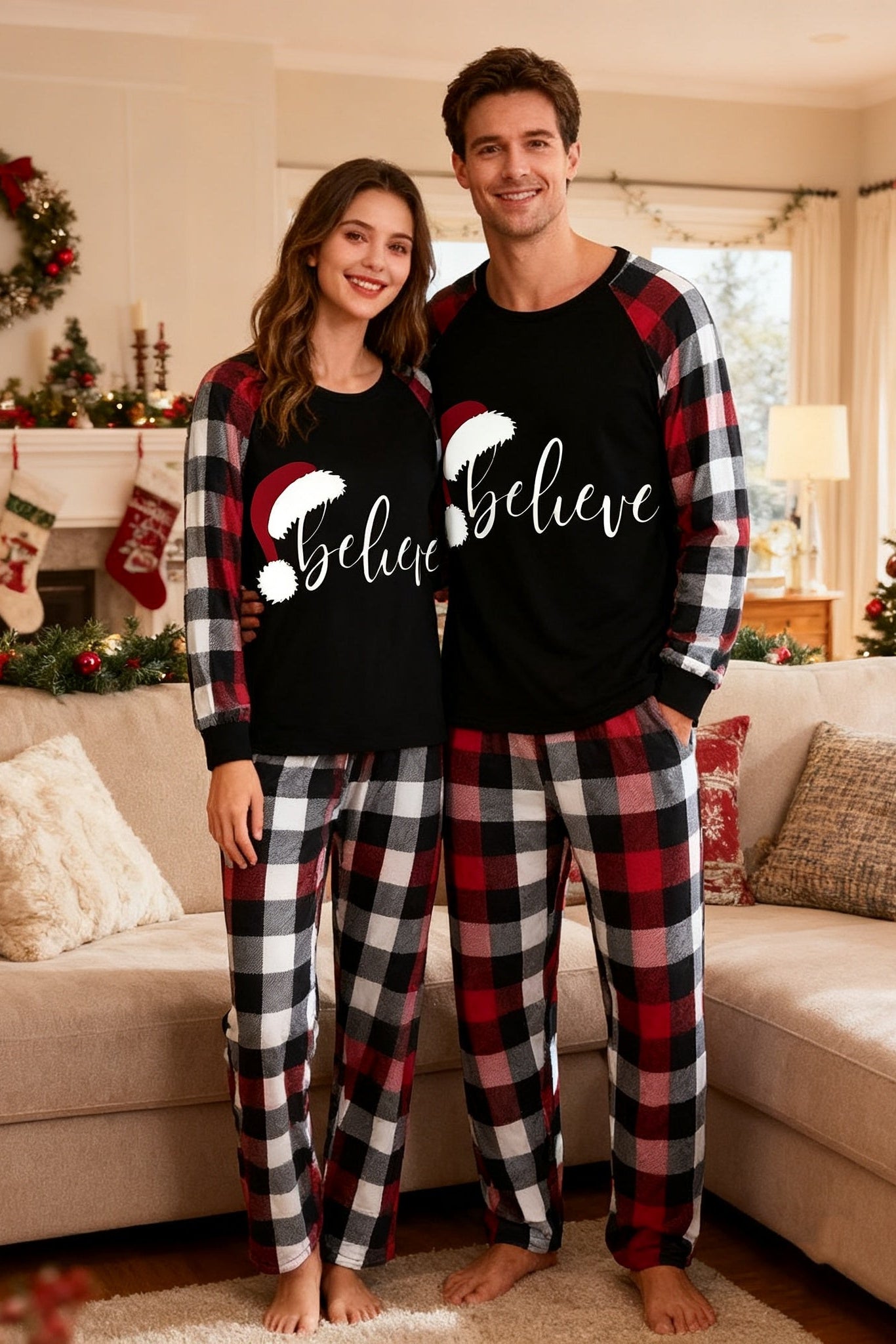 Couple Red & Black & White Plaid Pajamas Set With Christmas Hat and 'Believe“ Letter Print