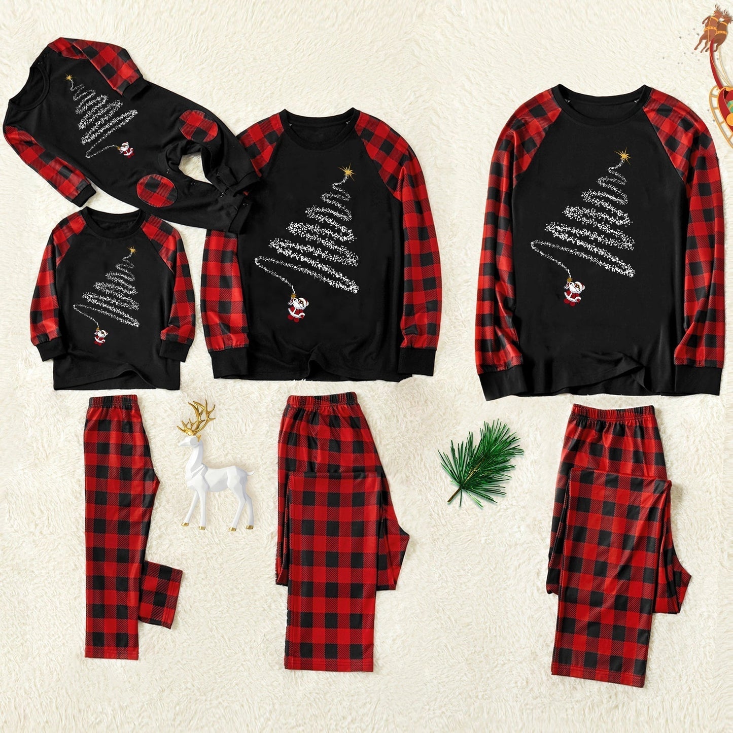 Christmas Hat and 'Believe“ Letter Print Patterned Contrast Black top and Black & Red Plaid Pants Family Matching Pajamas Set