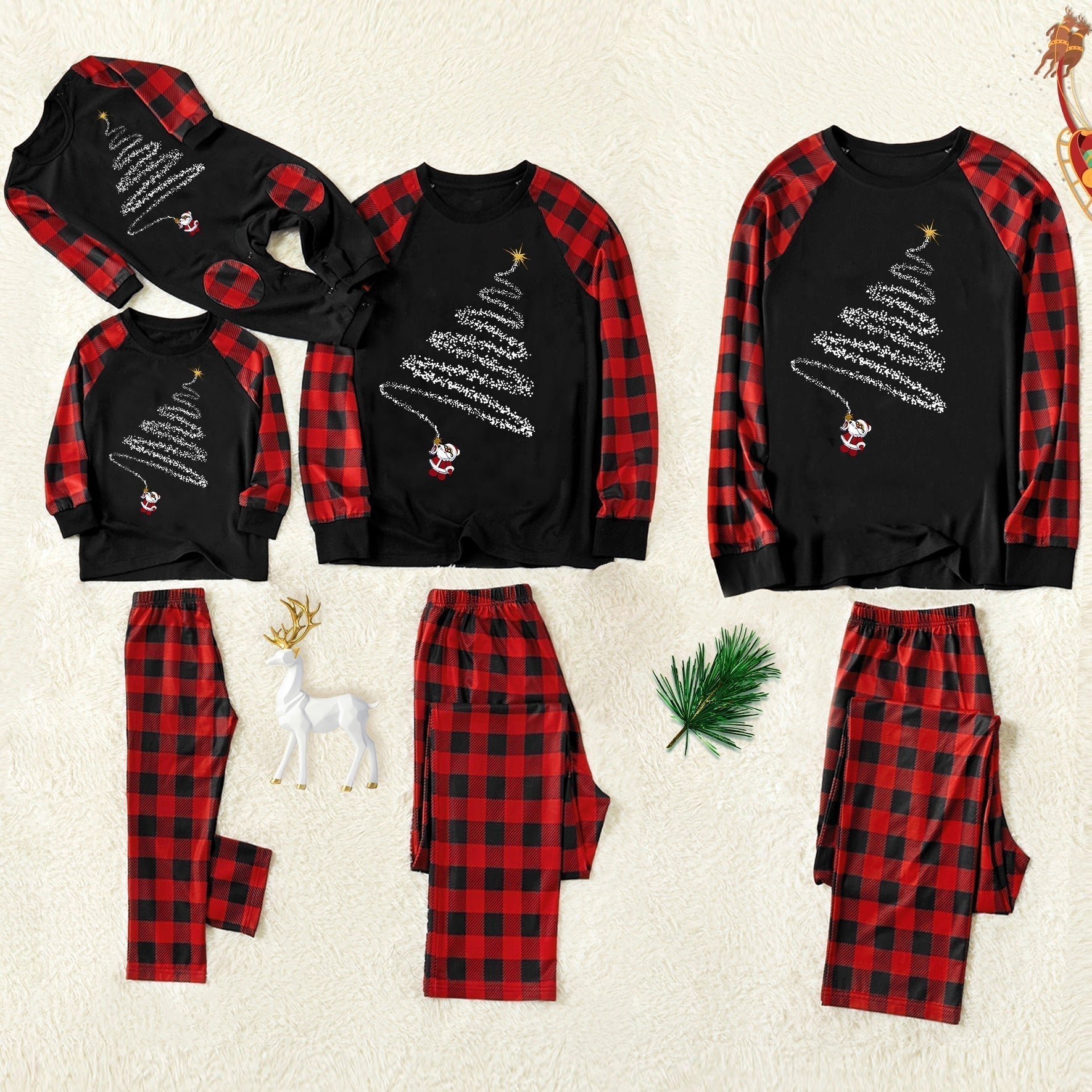 Christmas Hat and 'Believe“ Letter Print Patterned Contrast Black top and Black & Red Plaid Pants Family Matching Pajamas Set