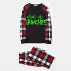 Christmas 'What Up' Letter Print Casual Plaid Sleeve Contrast Tops and Red & Black & White Plaid Pants Family Matching Pajamas Set With Dog Bandana