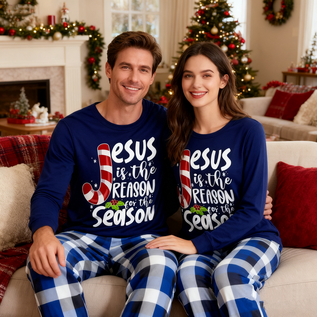 Couple Christmas  Matching Pajamas With Jesus Text Print