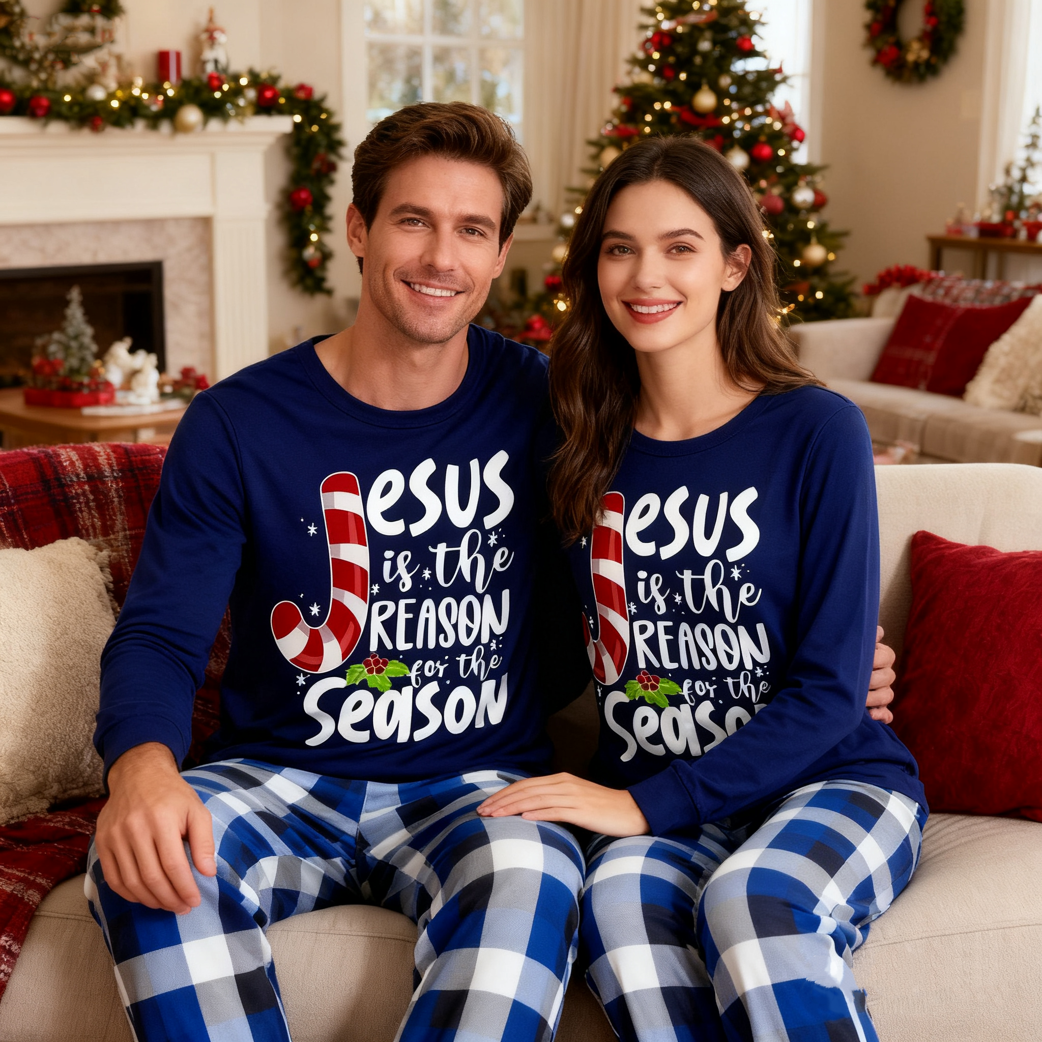 Couple Christmas  Matching Pajamas With Jesus Text Print