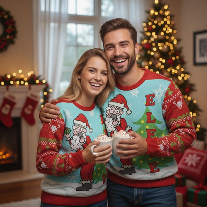 Funny Ugly Christmas Sweater for Men & Women - Playful Santa Claus Print