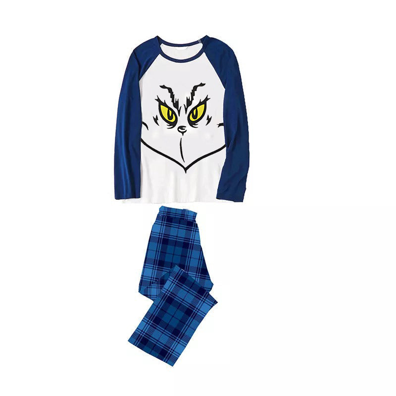 Christmas Cartoon Face Print Blue Contrast Top and Black and Blue Plaid Pants Family Matching Pajamas Sets With Dog Bandana