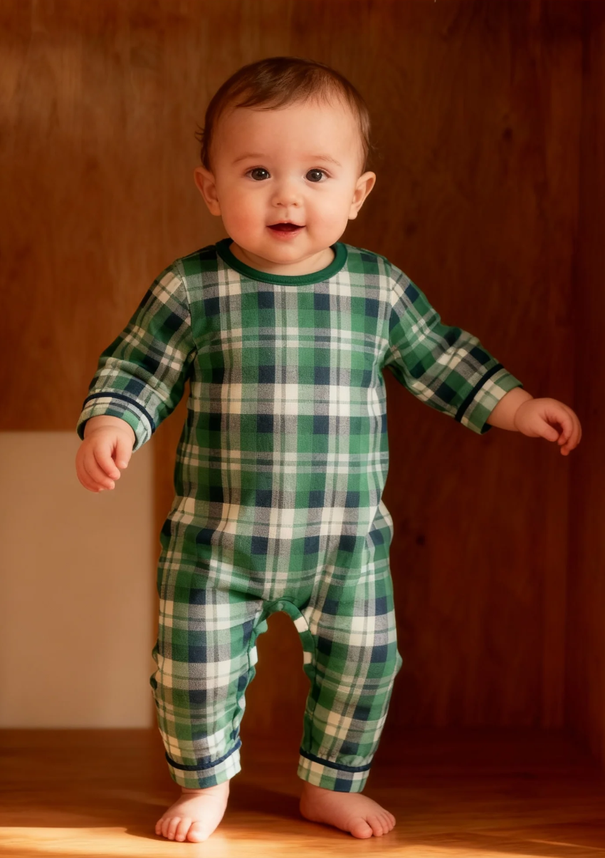 Matching Christmas Green Blue Plaid Button Up Family Pajamas Sets