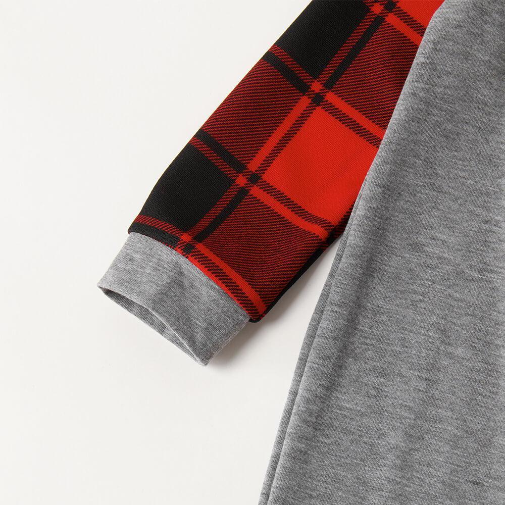 Christmas "Jesus is the Reason of the Season" Letter Print Patterned Grey Contrast top and Black & Red Plaid Pants Family Matching Pajamas Set With Dog Bandana