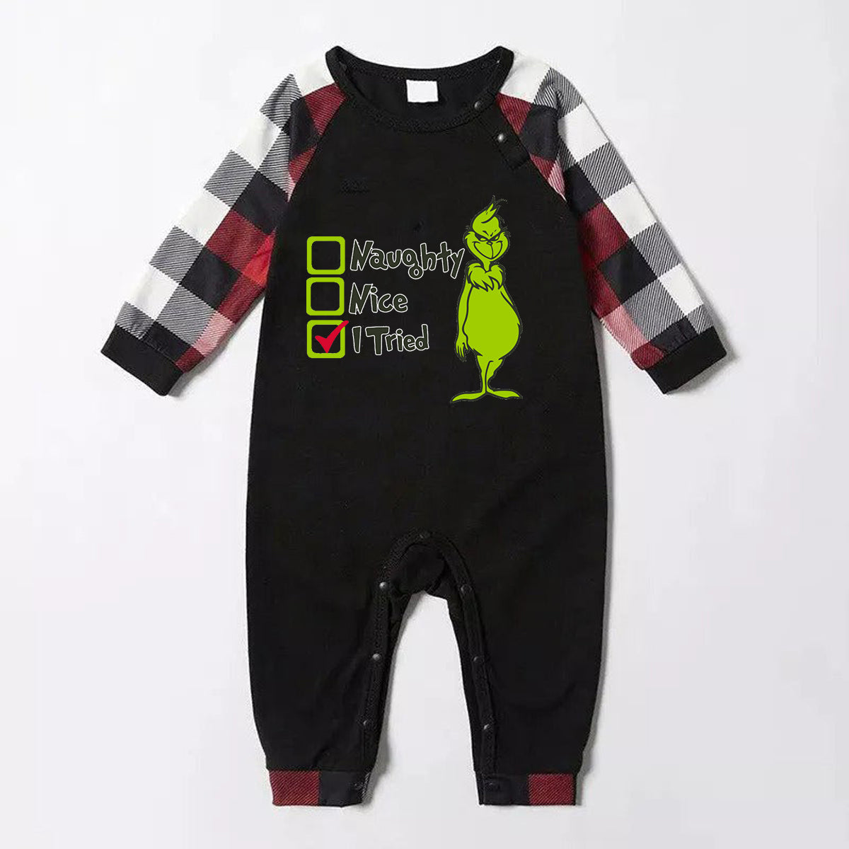 Christmas "Naughty&Nice& I Tried" Letter Print Patterned Casual Long Sleeve Sweatshirts Contrast Tops and Red & Black & White Plaid Pants Family Matching Pajamas Set With Pet Bandana