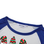 Merry Christmas Cute Gnome Print Casual Long Sleeve Sweatshirts Blue Sleeve Contrast Tops and Blue Plaid Pants Family Matching Pajamas Sets With Dog Bandan