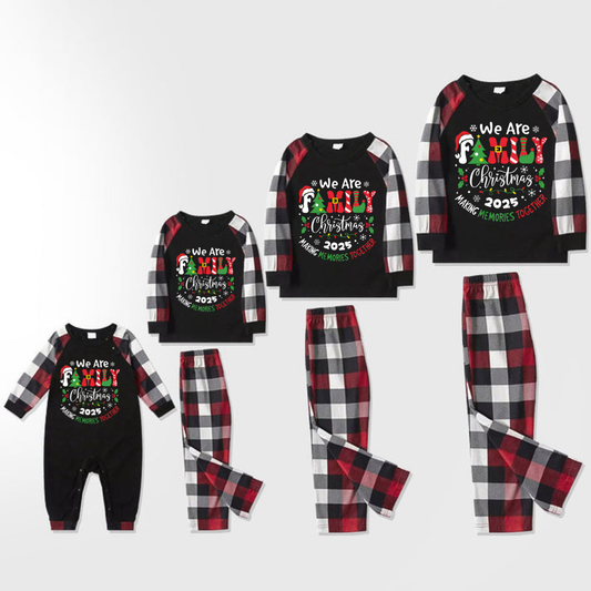 "We are Family 2025 Christmas Make Memories Together" Slogan Print Black Top With Red & Black & Grey & White Plaid Family Matching Pajamas