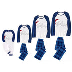 Christmas Hat and 'Believe“ Letter Print Patterned Blue Sleeve Contrast Tops and Blue Plaid Pants Family Matching Pajamas Sets With Dog Bandan