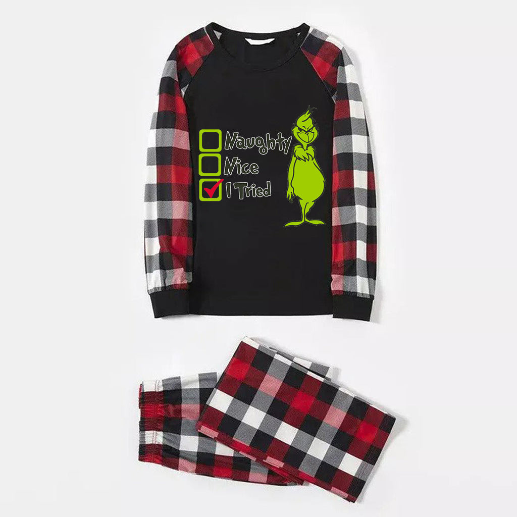 Christmas "Naughty&Nice& I Tried" Letter Print Patterned Casual Long Sleeve Sweatshirts Contrast Tops and Red & Black & White Plaid Pants Family Matching Pajamas Set With Pet Bandana