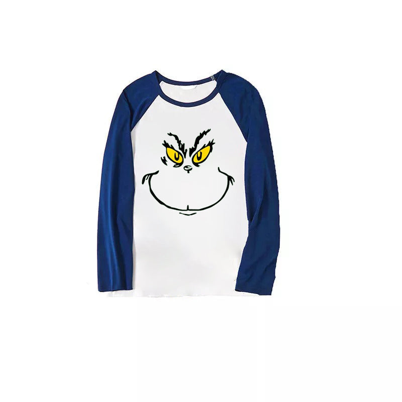 Christmas Cute Cartoon Face Print Casual Long Sleeve Sweatshirts Contrast Blue & White Top and Black and Blue Plaid Pants Family Matching Pajamas Sets