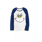 Christmas Cute Cartoon Face Print Casual Long Sleeve Sweatshirts Contrast Blue & White Top and Black and Blue Plaid Pants Family Matching Pajamas Sets