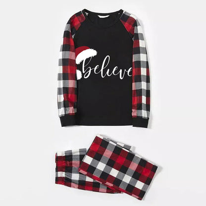 Christmas Hat and 'Believe“ Letter Print Patterned Plaid Sleeve Contrast Tops and Red & Black & White Plaid Pants Family Matching Pajamas Set With Dog Bandana
