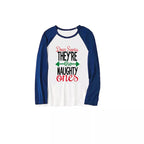 'Dear Santa They Are The Naughty One' Letter Print Casual Long Sleeve Sweatshirts Blue Sleeve Contrast Tops and Blue Plaid Pants Family Matching Pajamas Sets With Dog Bandan