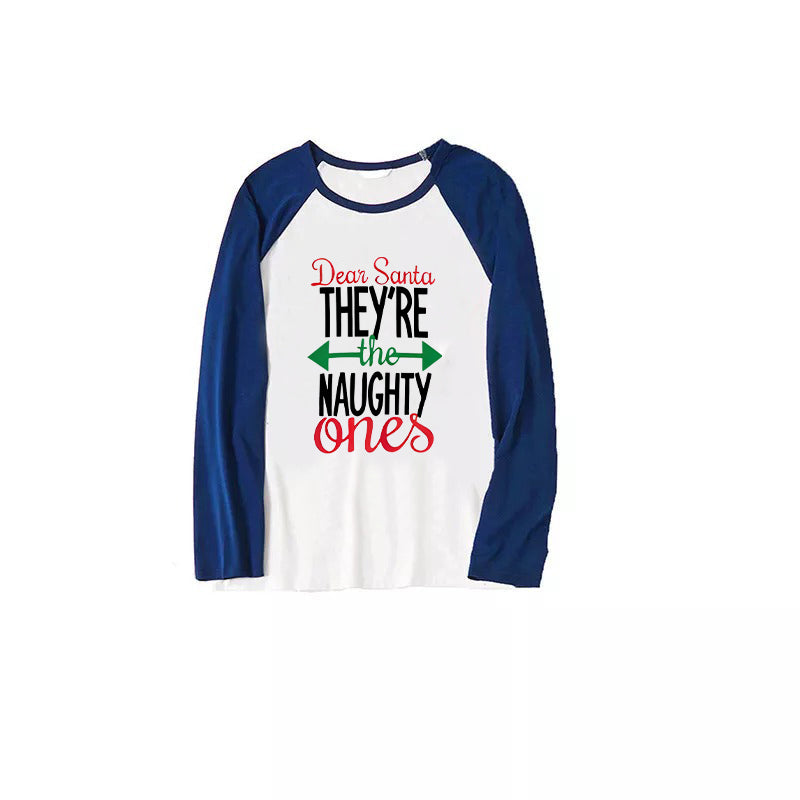 'Dear Santa They Are The Naughty One' Letter Print Casual Long Sleeve Sweatshirts Blue Sleeve Contrast Tops and Blue Plaid Pants Family Matching Pajamas Sets With Dog Bandan