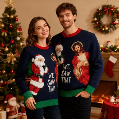 Santa & Jesus Print Holiday Sweater - Intentional Festive Quirk