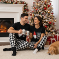 Couple Black and White Plaid Short Sleeve Christmas Pajamas Set Featuring Gnome with Santa Quotes