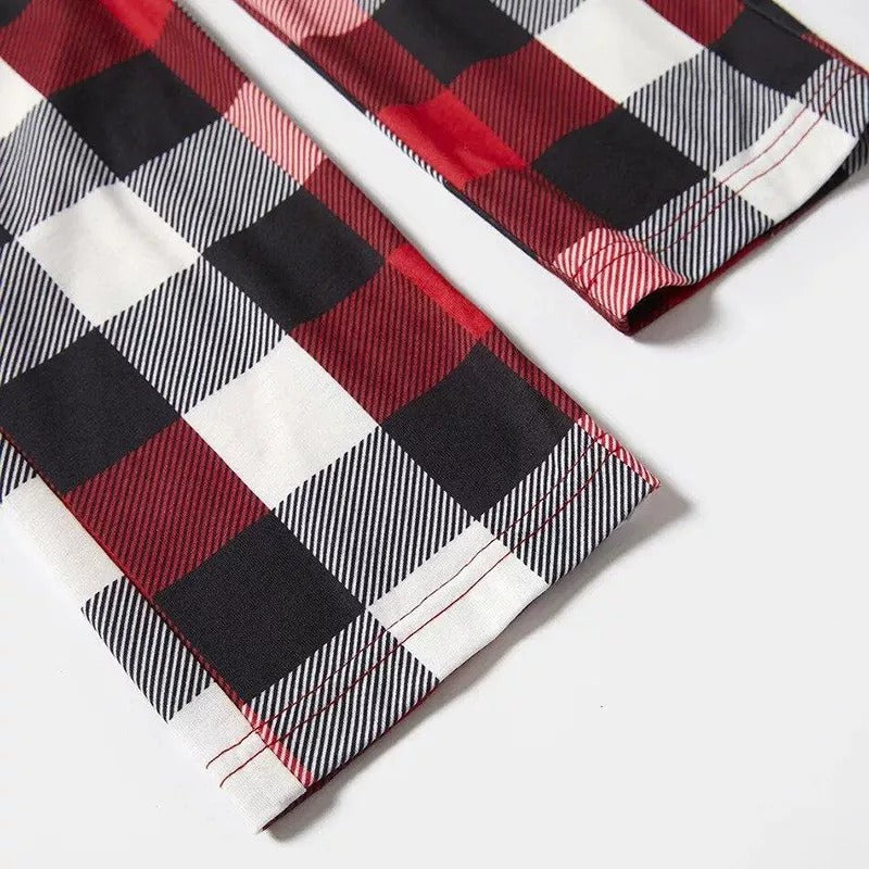 "2025 FNMILY Christmas " White and Red Text Printed Pattern - Black Top with Red&Black&White Plaid Sleeves - Family Matching Pajamas
